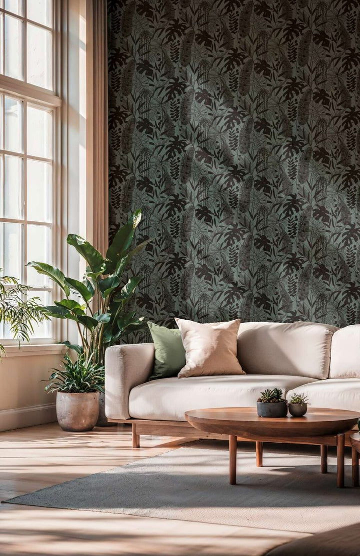 Wallpaper with colorful leaf decor and elegant relief, slightly shiny | dark green, black - 3012134