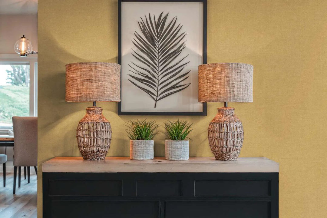 Non-woven wallpaper with a natural textile design, slightly glossy | yellow - 3012157