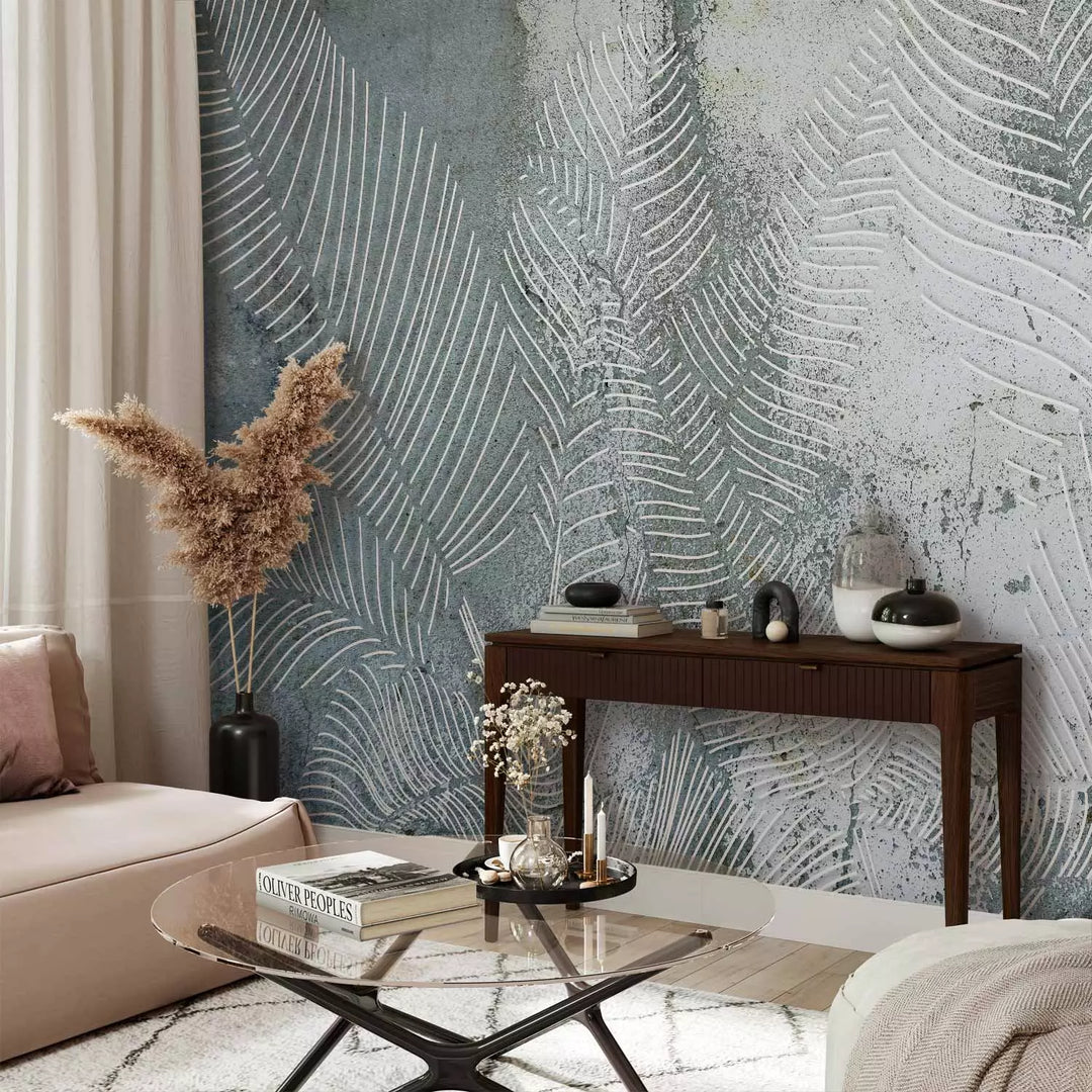 Fototapetes - kompozīcija ar tropiskām lapām zaļgani pelēkā krāsā - 136328