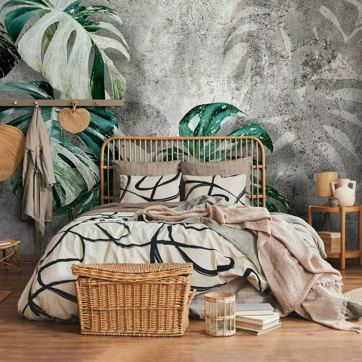 Wall Murals with green Monstera leaves on dark grey background, 135503