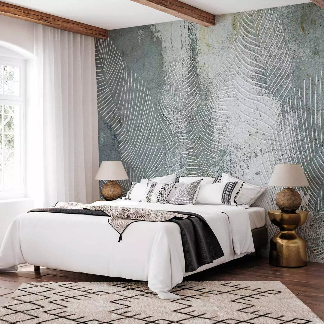 Fototapetes - kompozīcija ar tropiskām lapām zaļgani pelēkā krāsā - 136328