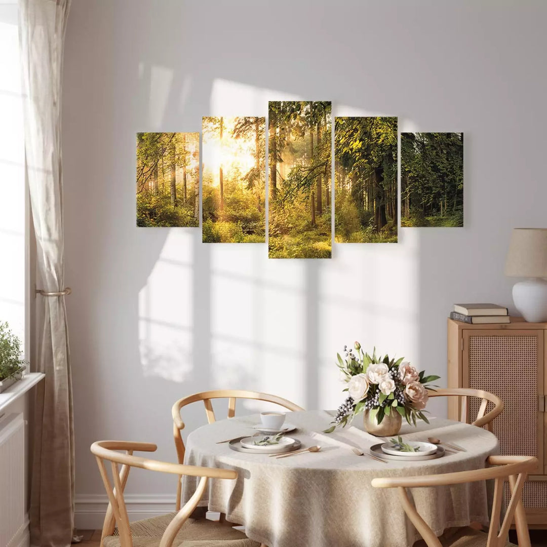 Paveikslai ant drobės su saulėtu mišku - Miško magija, 91573, (x5)