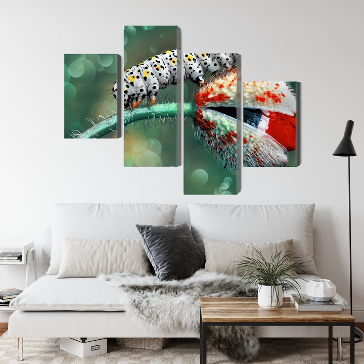 Канва - Гусеница и божья коровка на растении на макроснимке, N-3846