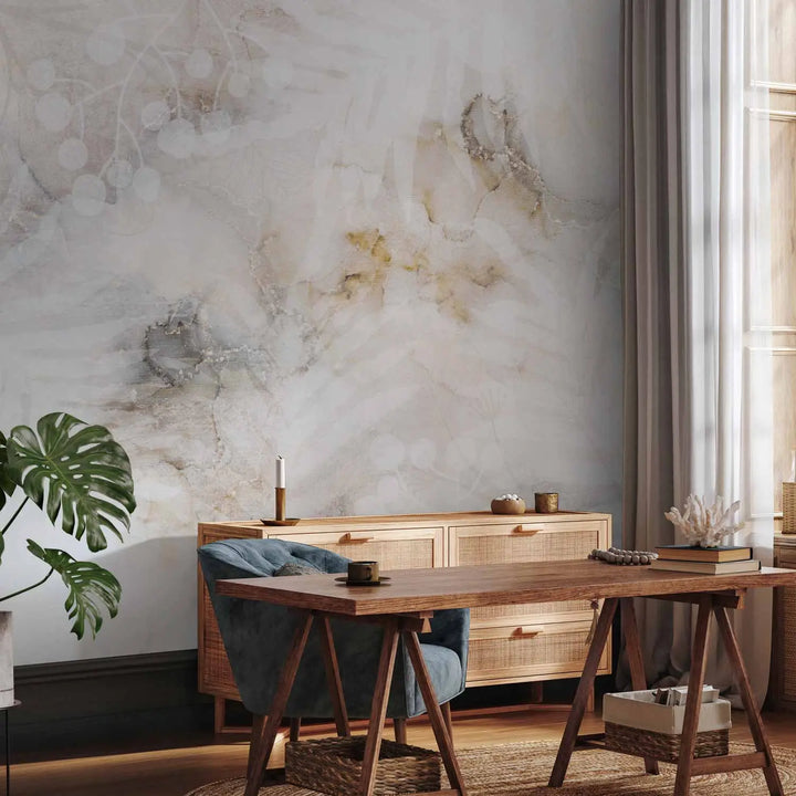 Fototapetai - Abstraktus marmurinis fonas su lapais (kreminis), 148774