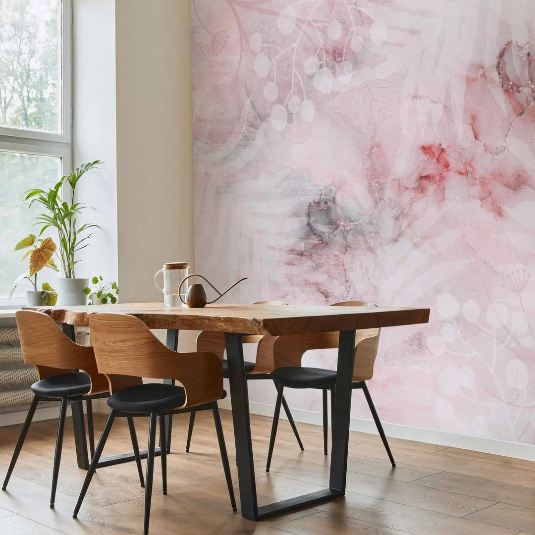 Fototapetes - Abstrakts marmora fons ar lapām (rozā), 148775