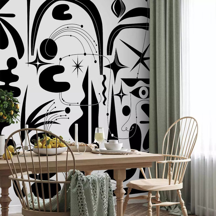 Fototapetes Abstrakta kompozīcija - melnas, ģeometriskas un ziedu formas, 149885