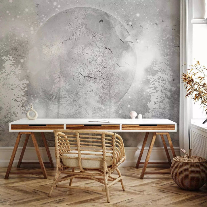 Abstrakta pelēka kompozīcija - mēness starp kokiem - guļamistabai G-ART