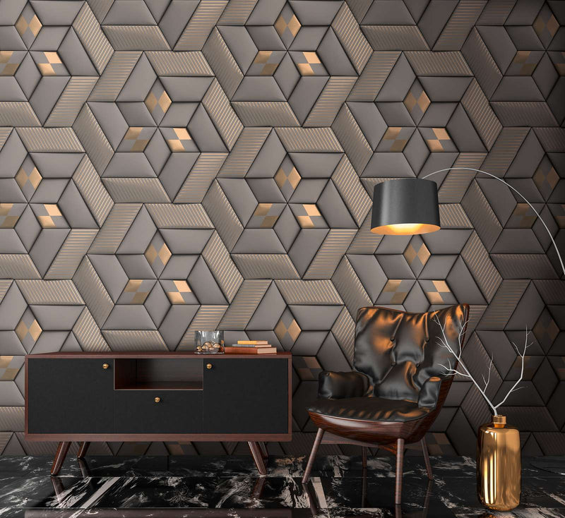 Abstract pattern wallpaper with 3D optics - grey, taupe, bronze, 1375145 AS Creation