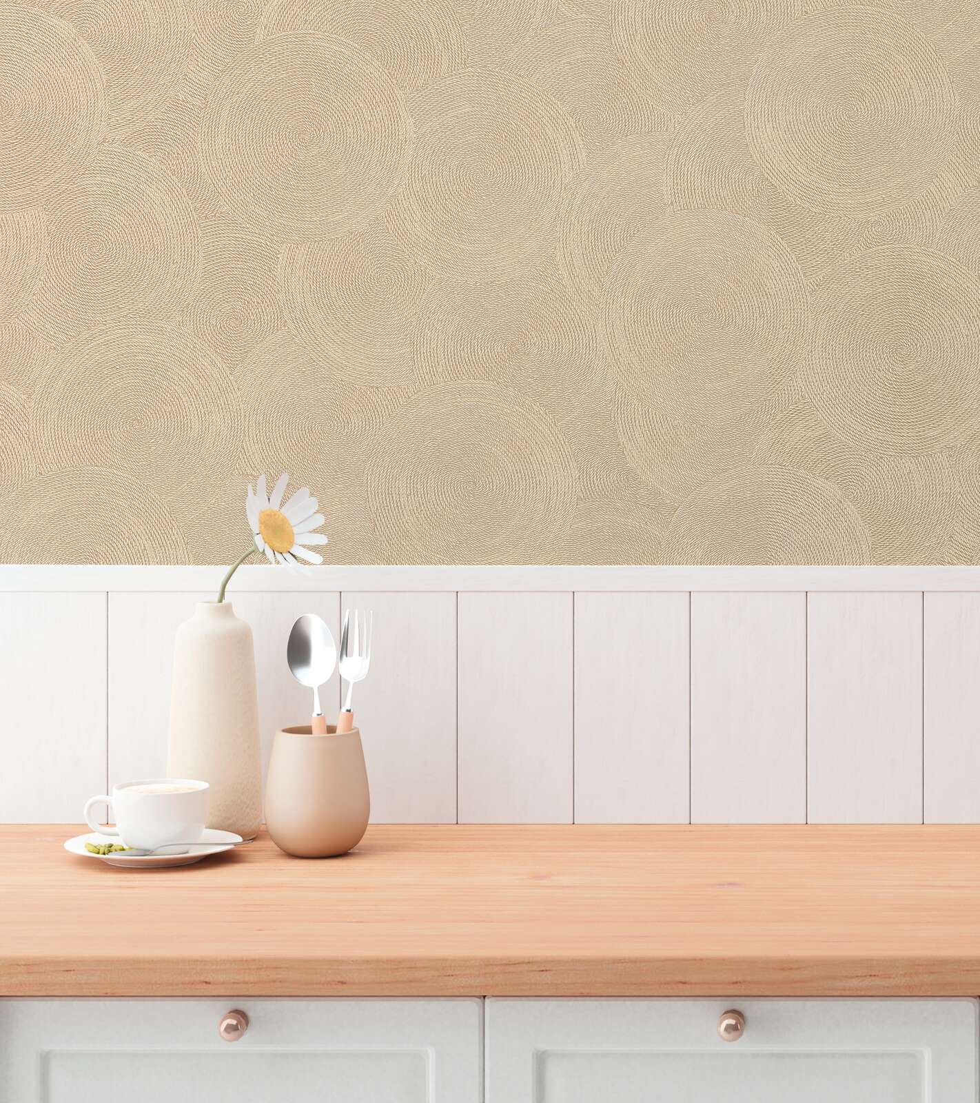 Beige wallpaper with metallic accents and circles in a harmonious living room design. SKU: 3010626, AS Creation.