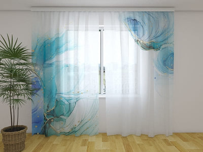 Curtains with abstraction - Turquoise watercolours with gold lines Tapetenshop.lv