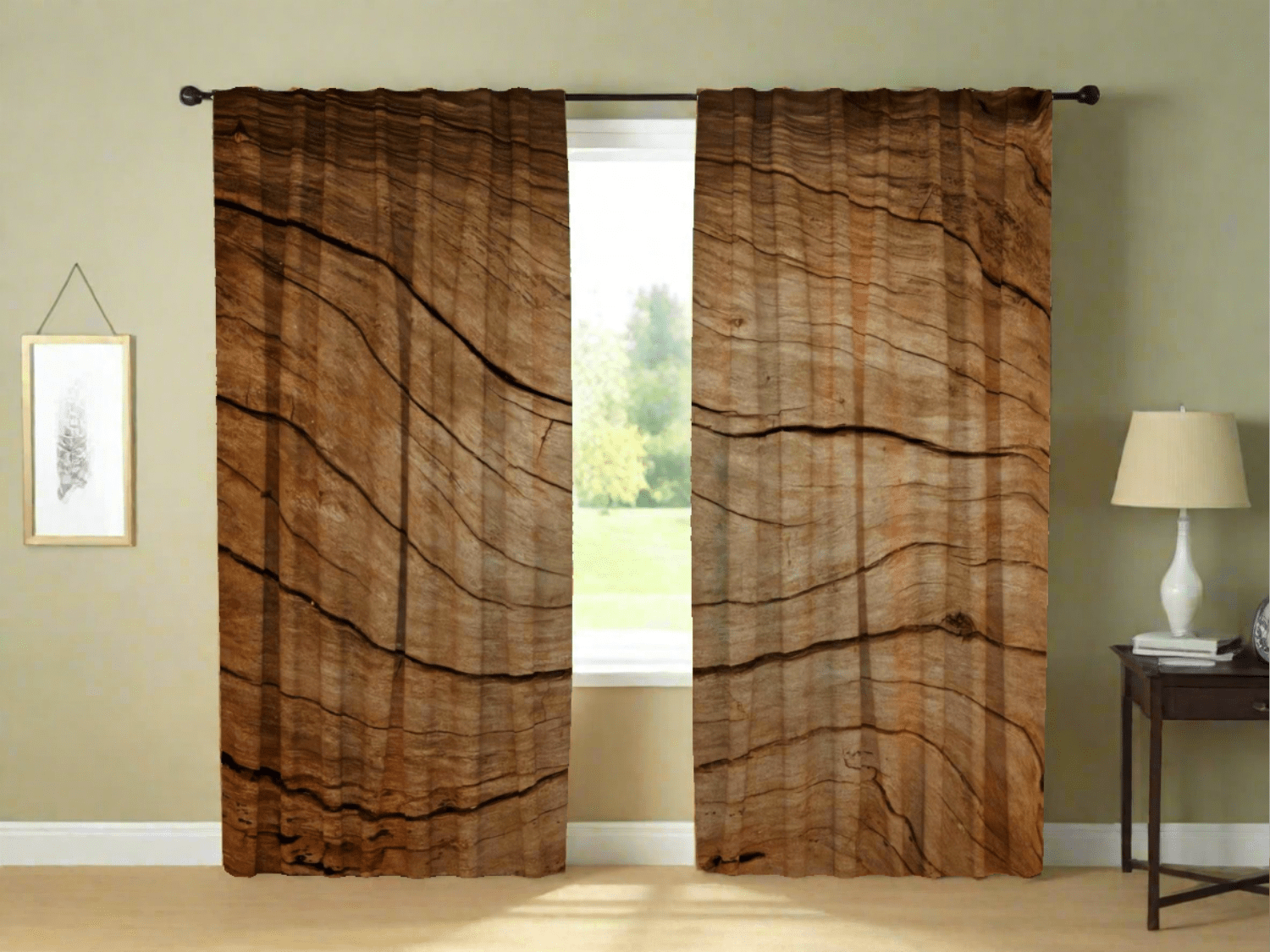 Eleganti aizkari ar dabas motīvu - Vecs ozols - brūnos toņos Tapetenshop.lv