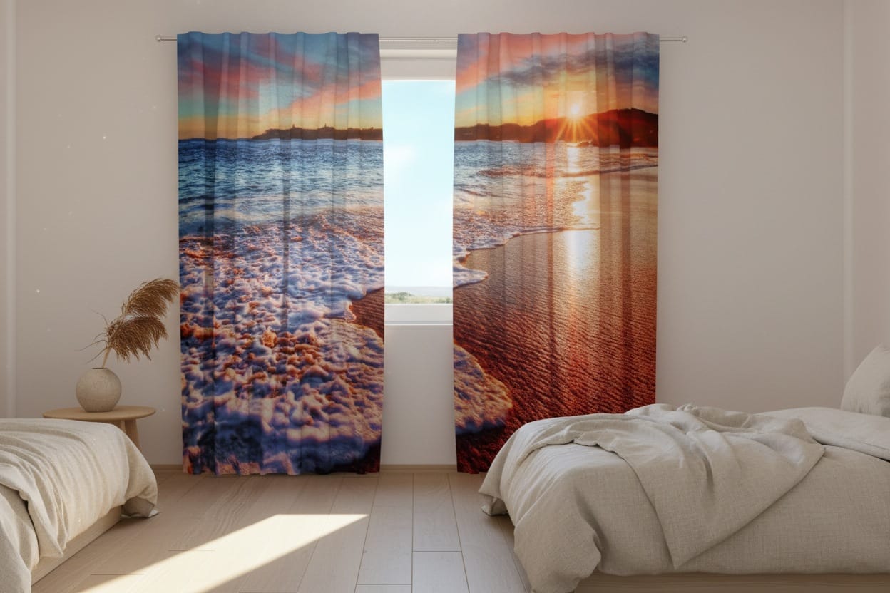 Vaalean makuuhuoneen sisustus vaaleilla seinillä ja puulattialla. Ikkunaan on asennettu valokuvaverhot, joihin on kuvattu fotorealistisesti upea ja dynaaminen merenrannan maisema auringonlaskun aikaan.