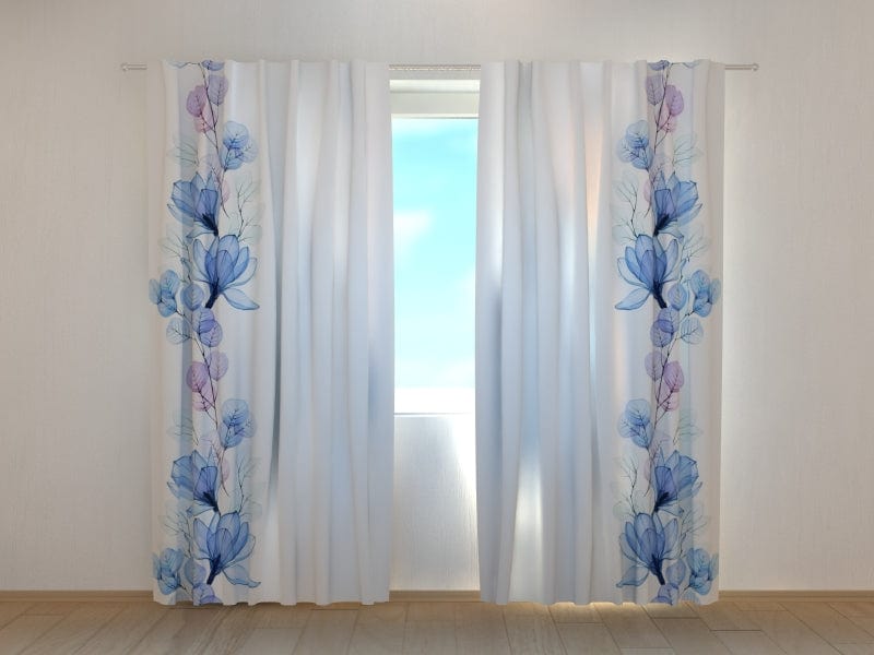 Curtains with magnolia and eucalyptus in watercolour technique, blue shades Tapetenshop.lv