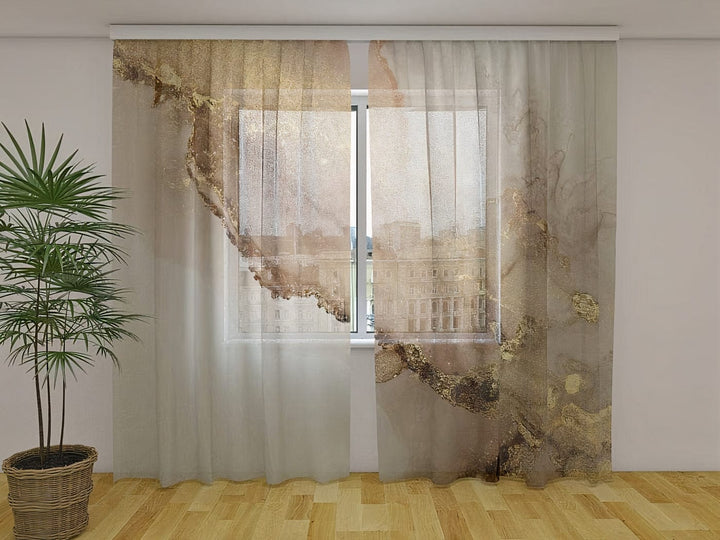 Dienas un nakts aizkari ar marmora rakstu - Bēšs marmors ar zeltu 160 x 140 cm (2x  80x140 cm) / Chiffon Tapetenshop.lv