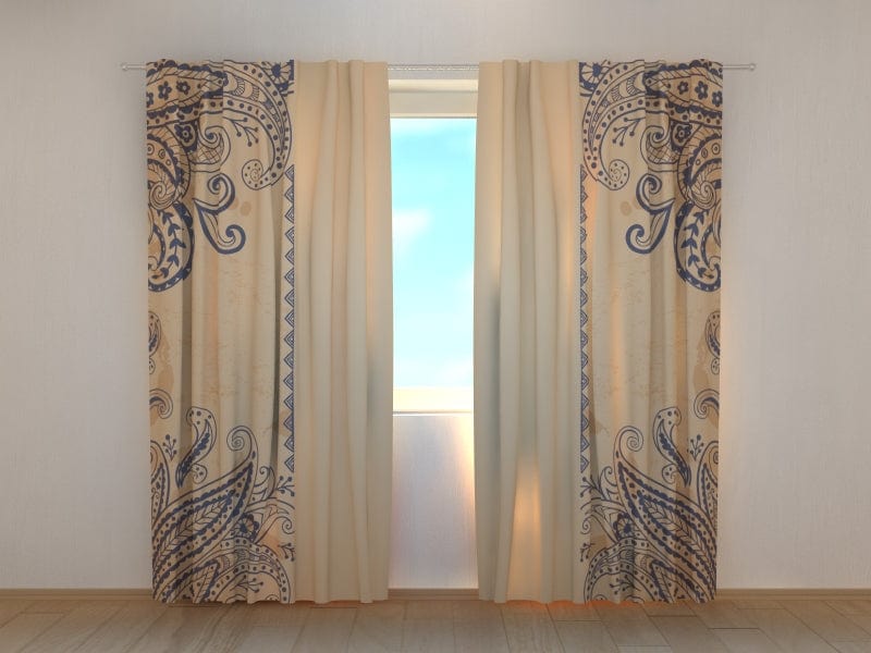 Curtains with ornaments - Beautiful blue ornaments on a cream background Tapetenshop.lv