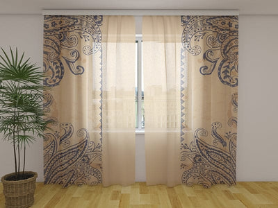 Curtains with ornaments - Beautiful blue ornaments on a cream background Tapetenshop.lv