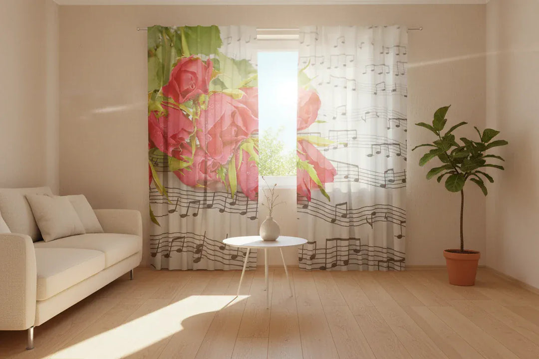Aizkari ar rozēm romantiskai atmosfērai interjerā  - Mūzika un rozes  Tapetenshop.lv
