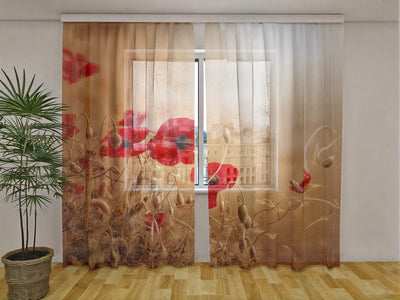 Curtains with red poppies - Poppy field Tapetenshop.lv