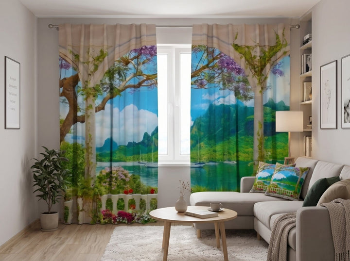 Curtains with a Mediterranean landscape – Terrace with a view of the sea