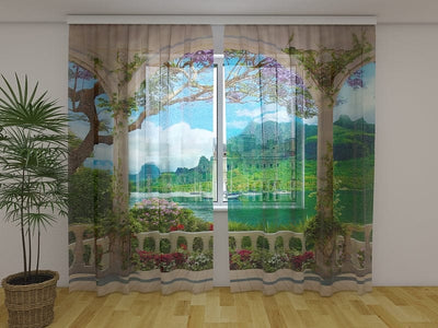 Curtains with Mediterranean landscape - Terrace with sea view Tapetenshop.lv