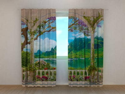 Curtains with Mediterranean landscape - Terrace with sea view Tapetenshop.lv