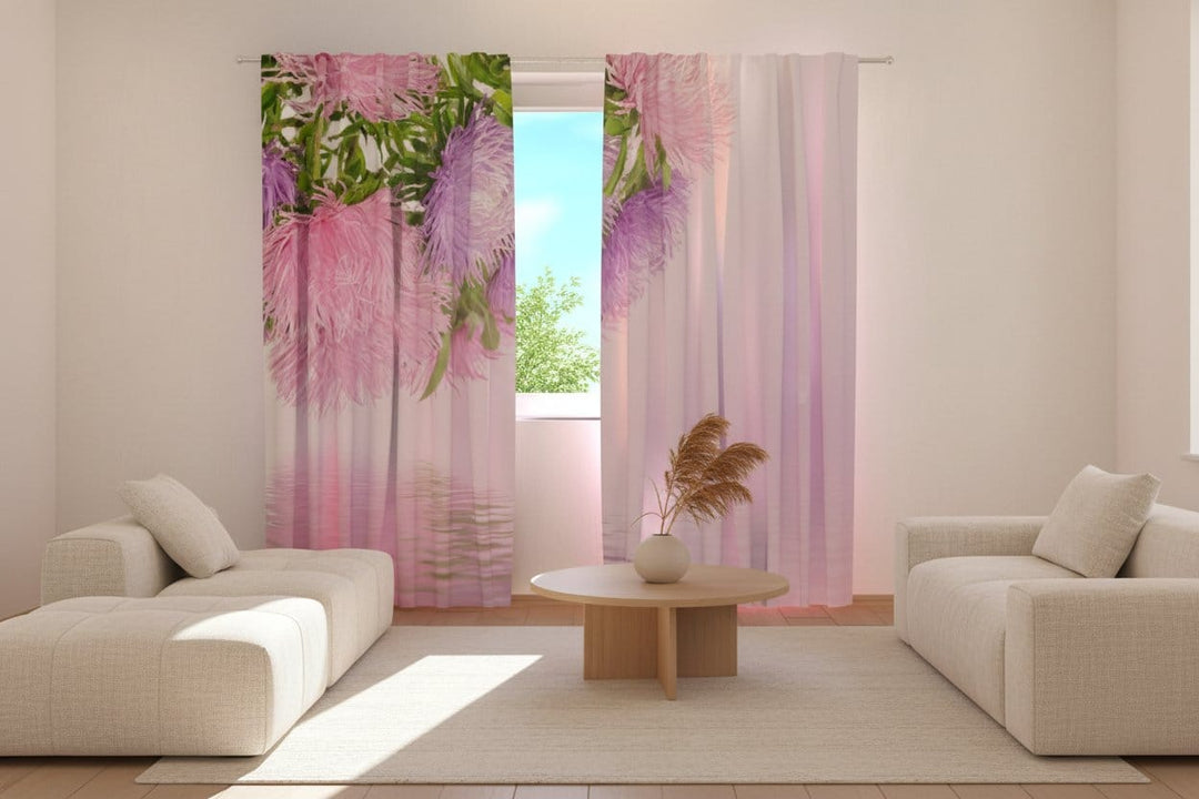 Dienas un nakts aizkari ar ziediem - Asteres rozā krasā uz roza fona Tapetenshop.lv