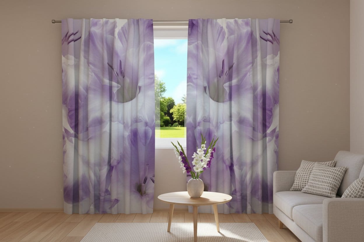 Šviesios svetainės interjeras su šviesia sofa, medinėmis grindimis ir fotoužuolaikais, ant kurių labai arti (makro) fotorealistiškai pavaizduoti dideli, švelniai violetiniai, rausvai violetiniai ir balti gladiolų žiedai su smulkiomis žiedlapių tekstūromis