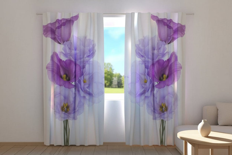 Aizkari ar ziediem - Mūza - violeti ziedi uz balta fona Tapetenshop.lv