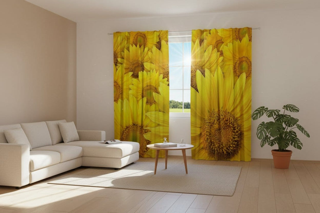 Dienas un nakts aizkari - Saulespuķes uz sniegbalta fona Tapetenshop.lv