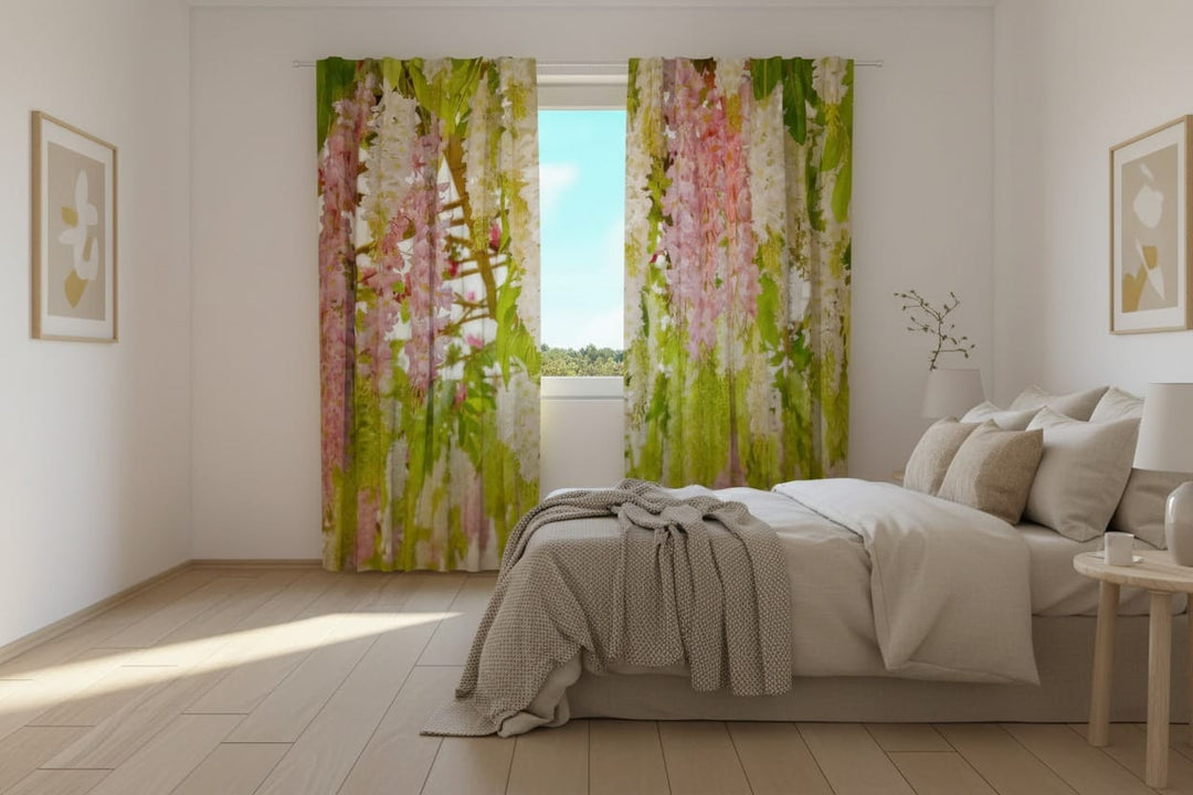 A bright bedroom interior with wooden floors and a large bed in light tones. Photo curtains are hung on the window, featuring a photorealistic depiction of a spring garden motif—abundant, drooping clusters of soft pink and white flowers (similar to wisteria) and fresh green foliage.