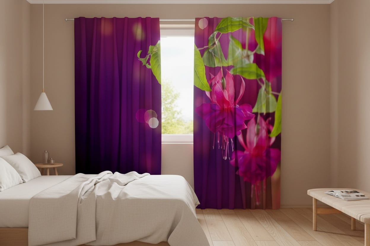 A bright bedroom interior with a large, light-colored bed and a wooden floor. Photo curtains with an asymmetrical design in deep purple and lilac tones are hung on the window. The right curtain panel features photorealistic images of large, bright fuchsia flowers with green leaves, while the left panel is dominated by a dark purple background with blurred circles of light, or the bokeh effect.