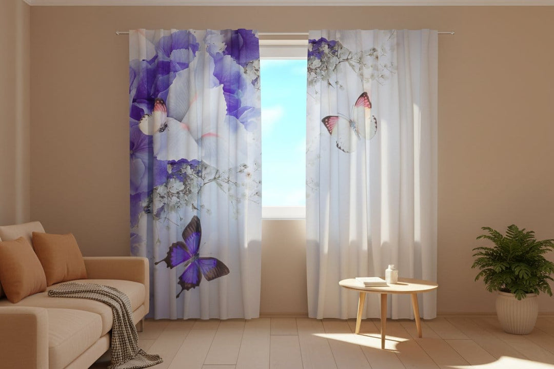 Aizkari ar ziediem - Zilie īrisi uz balta fona Tapetenshop.lv