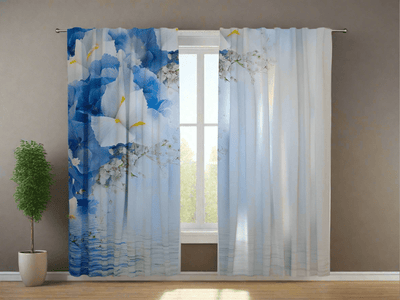 Curtains for the bedroom in light blue tones with floral motifs - blue iris on Tapetenshop.lv