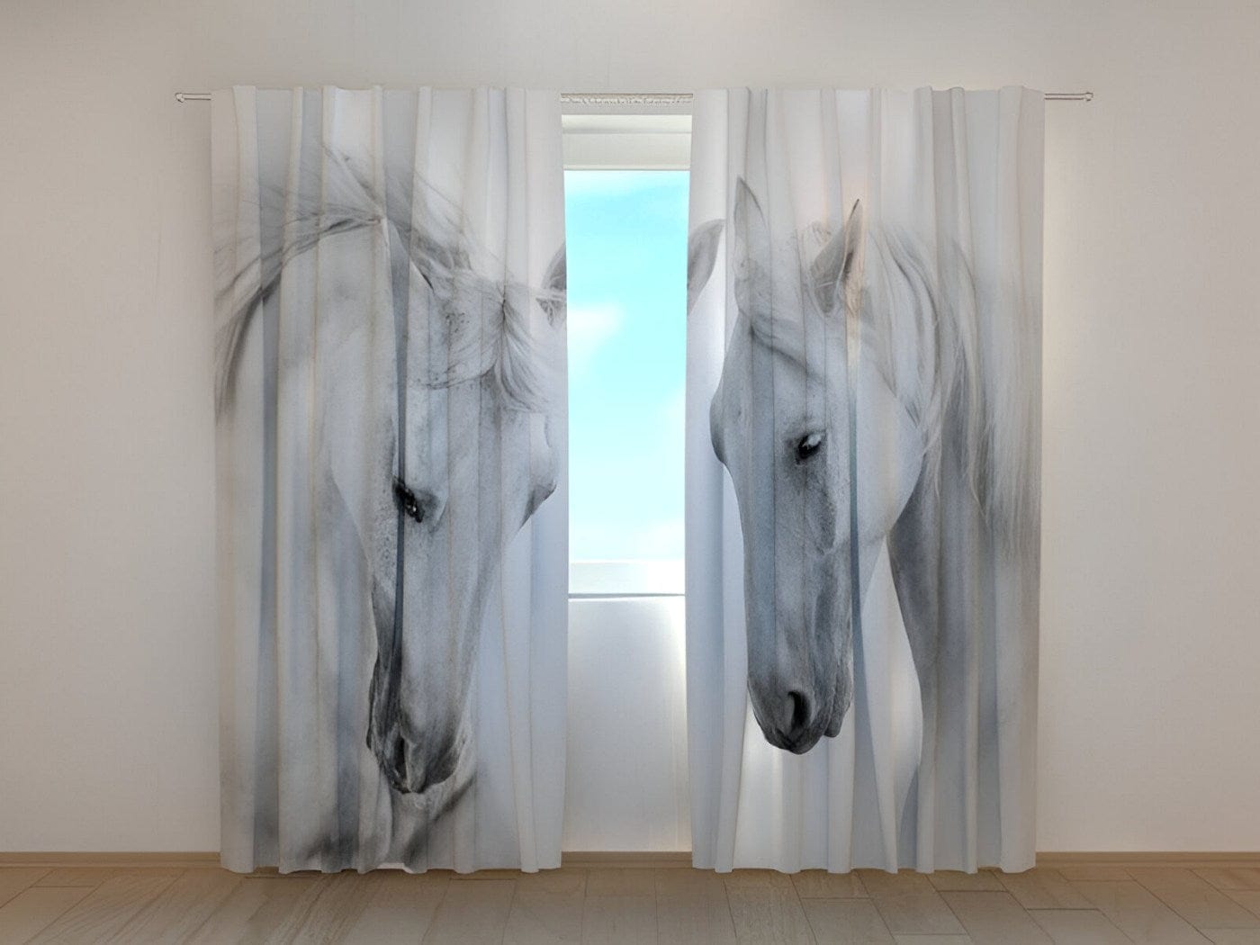 Dienas un nakts aizkari ar zirgiem - Balto zirgu pāris Tapetenshop.lv