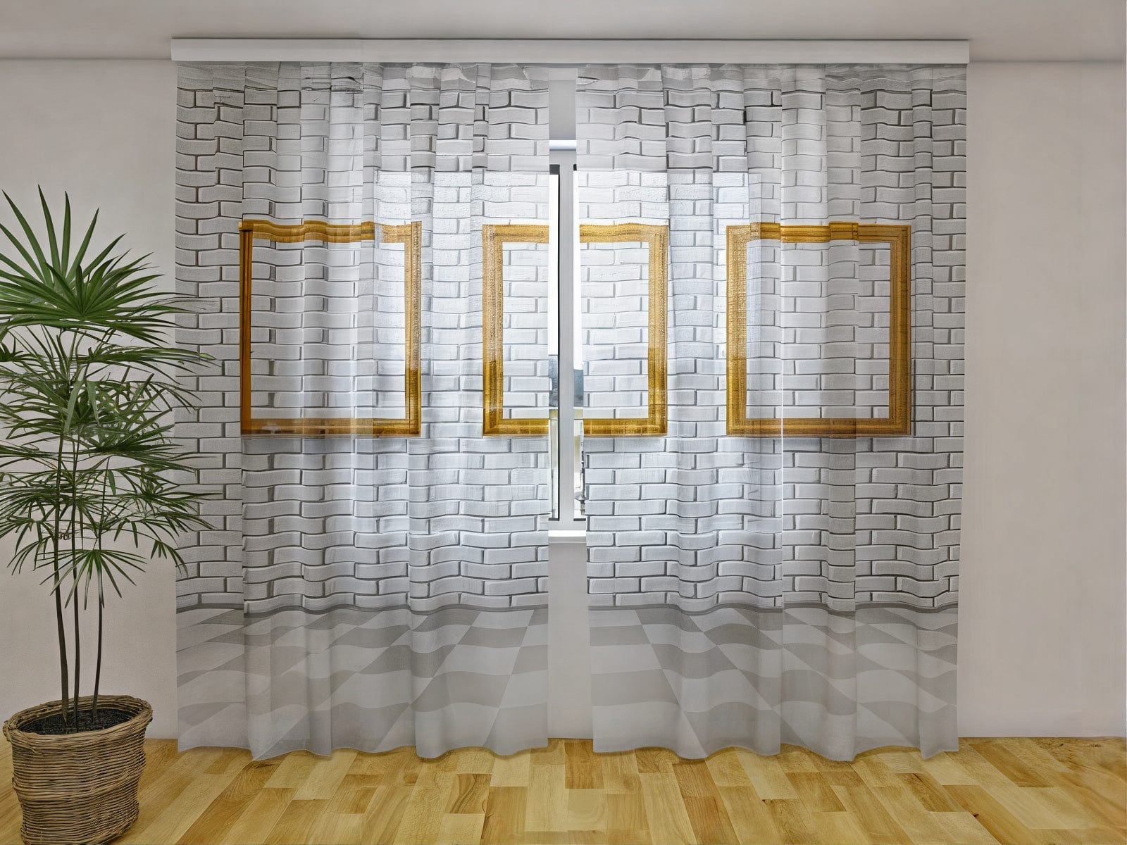 Aizkari ar modernu stilu - baltu ķieģeļu siena ar zelta rāmjiem Tapetenshop.lv