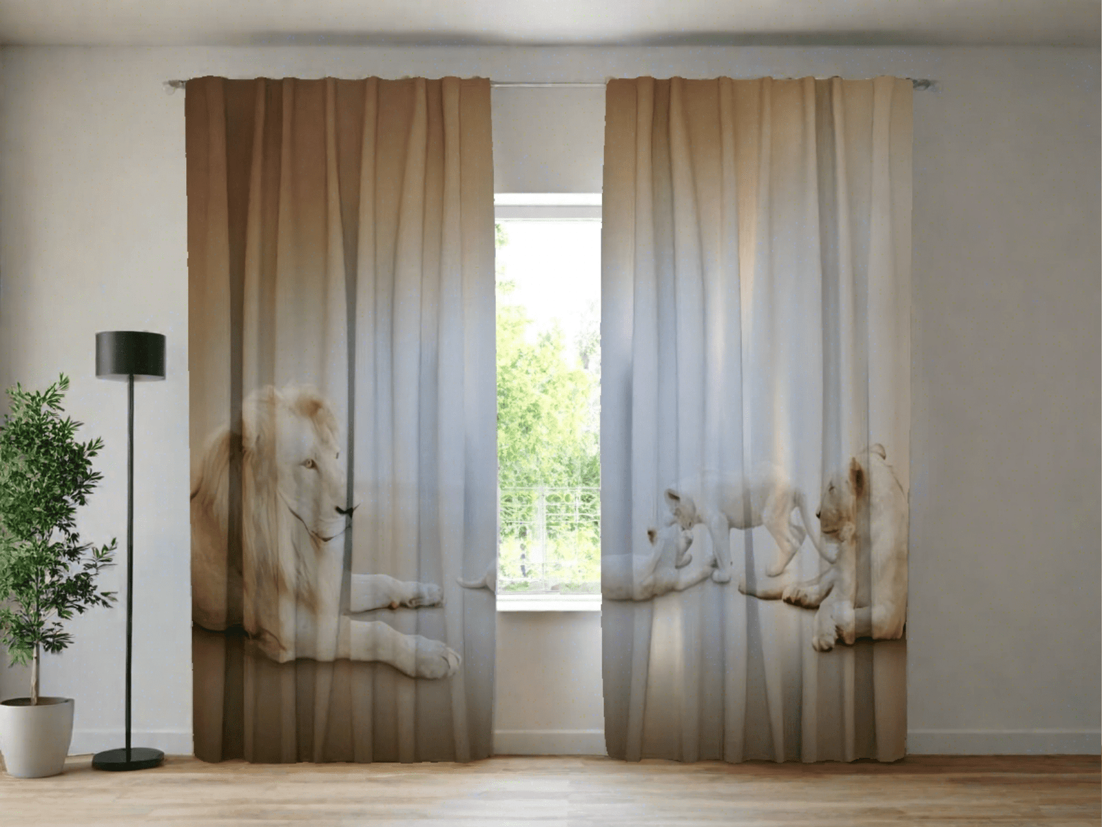 Dienas un nakts aizkari ar lauvam - Baltās lauvas, uz pasūtījumu Tapetenshop.lv