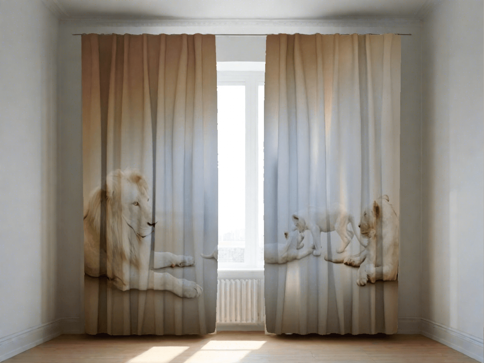 Dienas un nakts aizkari ar lauvam - Baltās lauvas, uz pasūtījumu Tapetenshop.lv