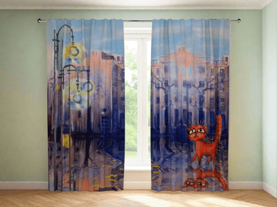 Curtains for the children's room with a drawn cat on the street Tapetenshop.lv