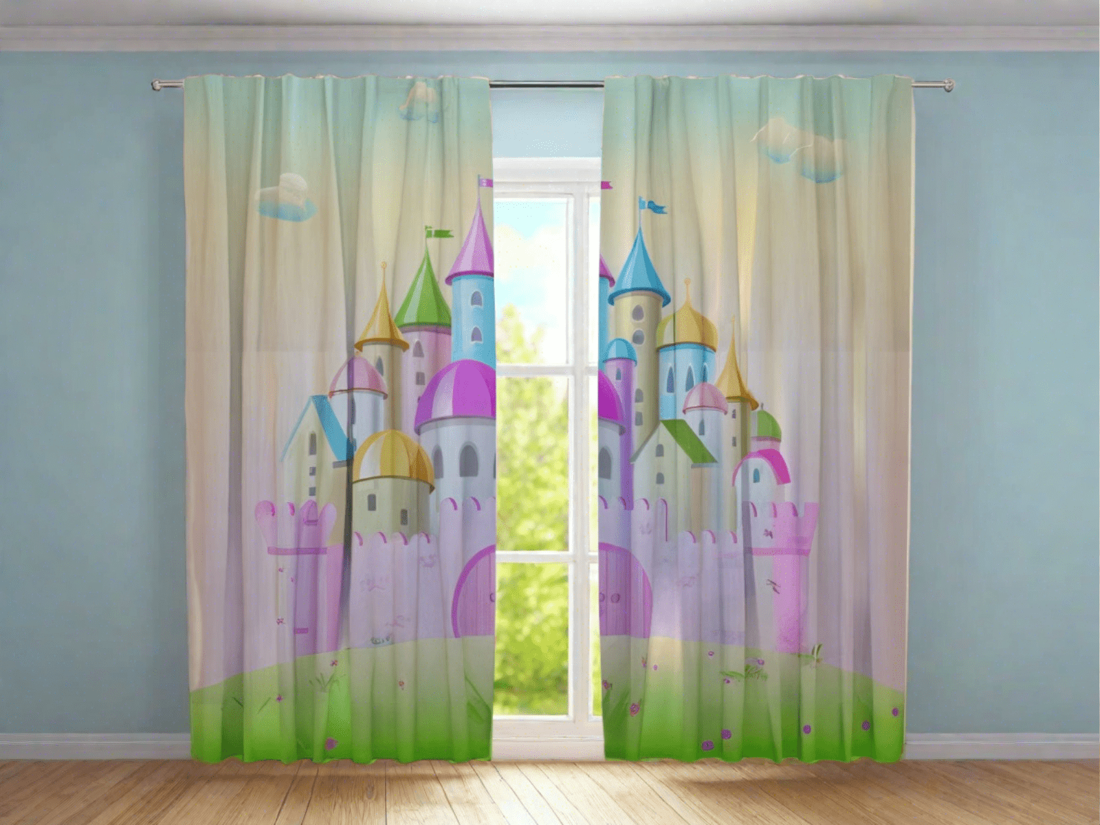 Dienas un nakts aizkari - bērnu istabai - Rozā pils Tapetenshop.lv