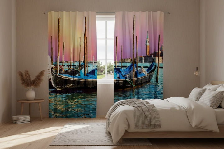 A bright bedroom interior. Photo curtains featuring a picturesque Venetian landscape are hung on the window.