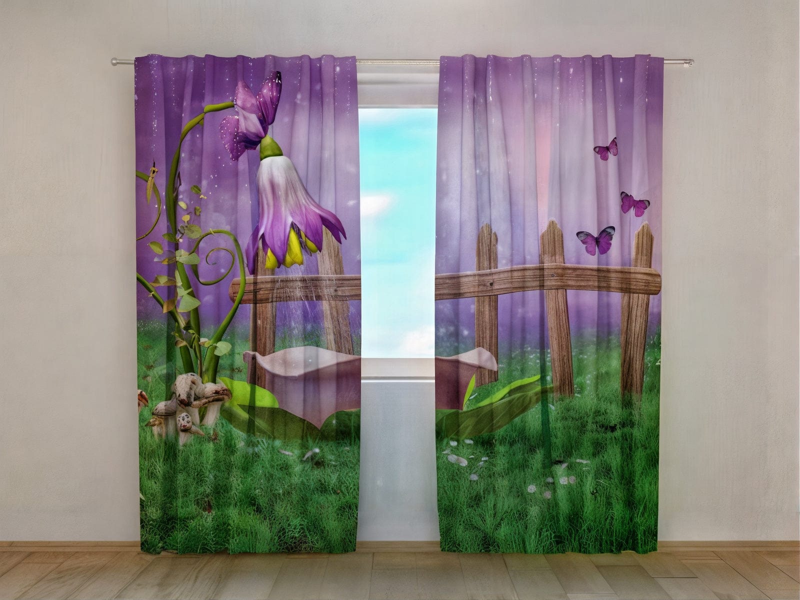 Aizkari bērnu istabai ar pasakainu ainavu violetos toņos - pasūtīt Tapetenshop.lv