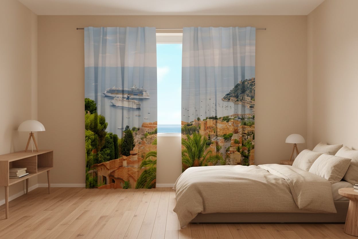 Gaišas guļamistabas  interjers ar lielu gaišu gultu un koka grīdu. Uz loga uzstādīti fotoaizkari, uz kuriem fotoreālistiski attēlota gleznaina Vidusjūras piekrastes pilsēta jeb Rivjēra. Priekšplānā redzamas ēkas ar sarkaniem kārniņu jumtiem, kuplas zaļas palmas un koki. Fonā paveras plaša, zila jūra ar nelielām laivām piekrastē un diviem lieliem, baltiem kruīza kuģiem tālāk ūdenī. 