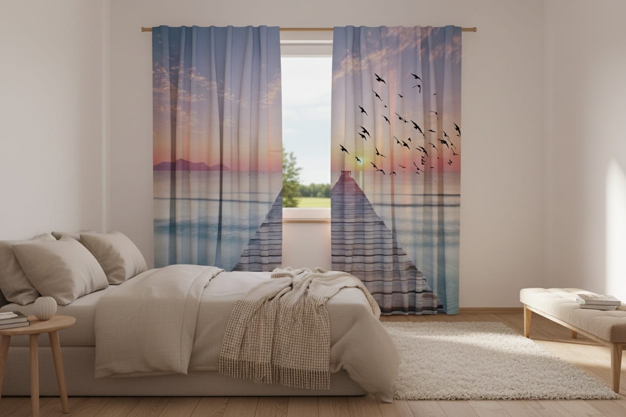 Šviesus miegamojo interjeras su medinėmis grindimis ir šviesiu kilimu. Ant lango pakabinti foto užuolaidos, kuriose fotorealistiškai pavaizduotas ramus jūros peizažas saulėtekio metu. Vaizdo centre iš smėlio į jūrą driekiasi ilgas medinis prieplaukos tiltas. Kairiajame užuolaidų skydelyje apačioje matomi kalnų siluetai, o dešiniajame skydelyje danguje skrenda paukščių pulkas. Dangus ir vanduo nuspalvinti švelniais, svajingais pasteliniais atspalviais – mėlyna, rožine ir violetinė.