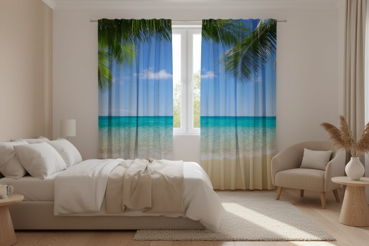 A bright bedroom interior with white walls and a wooden floor. Photo curtains are hung on the window, featuring a photorealistic depiction of a tropical summer beach. The top of the curtains shows large, green palm leaves against a bright blue sky. The middle section reveals a calm, turquoise ocean, while the bottom section shows light-colored sand.