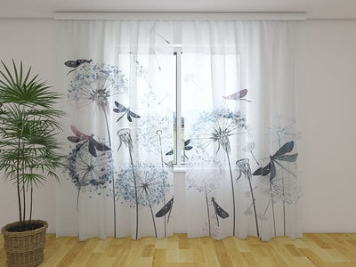 Curtains with nature pattern - Soft dandelions and dragonflies Digital Textile