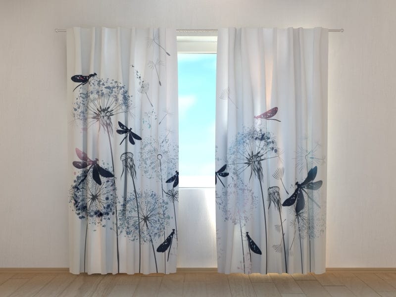 Curtains with nature pattern - Soft dandelions and dragonflies Digital Textile