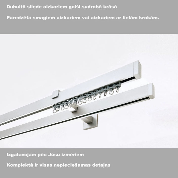 Aizkaru alumīnija karnīze ar 2 sliedēm, sudrabā, pie sienas (ar āķiem) Home Trends