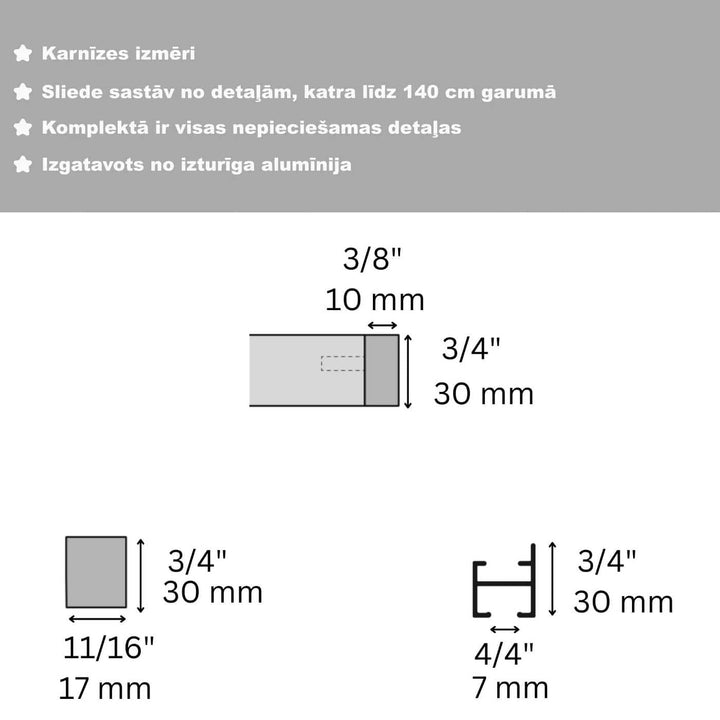 Aizkaru alumīnija karnīze ar 2 sliedēm, sudrabā, pie sienas (ar āķiem) Digital Textile XL