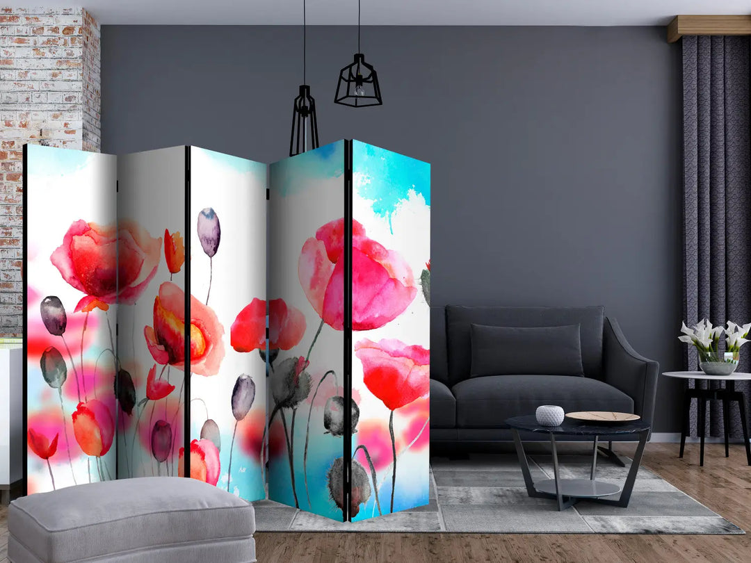 Aizslietnis - krāsainas magones akvareļa stilā uz balta fona , 225x172 cm ART XL