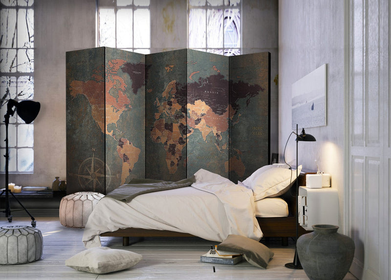 Room divider - World map on dark background, 128811, 225x172 cm ART